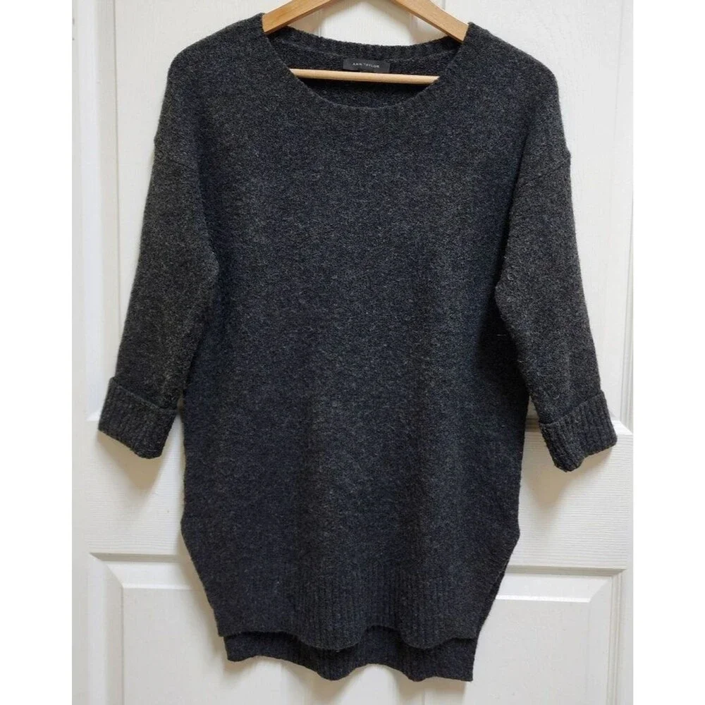 Ann Taylor Charcoal Gray Wool Blend 3/4 Slv Knit Oversize Tunic Sweater Women S